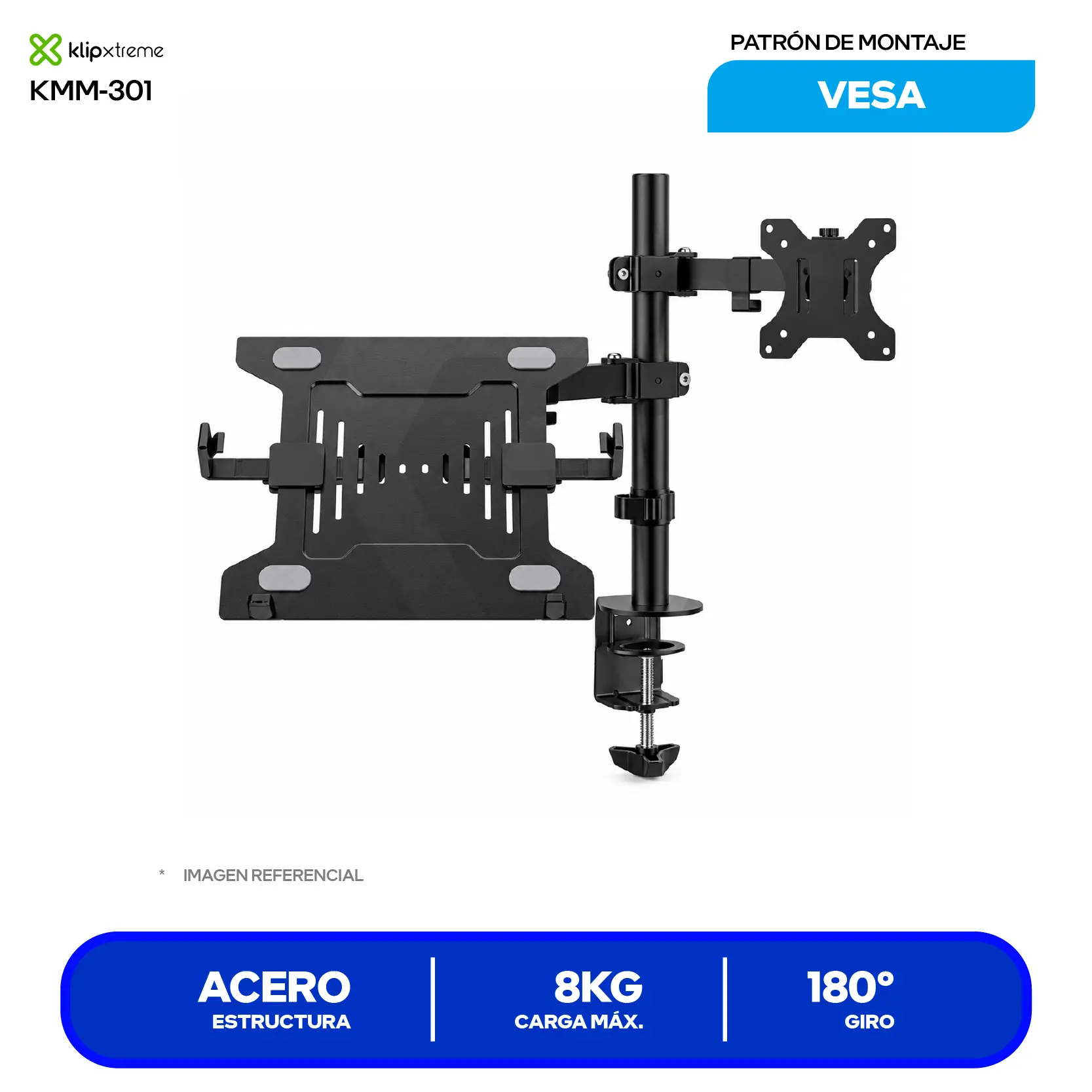 Soporte Doble Para Monitor y Laptop Klip Xtreme KMM-301 Negro (KMM-301) Articulado, Monitor 13" a 32", Laptop 10" a 15.6"