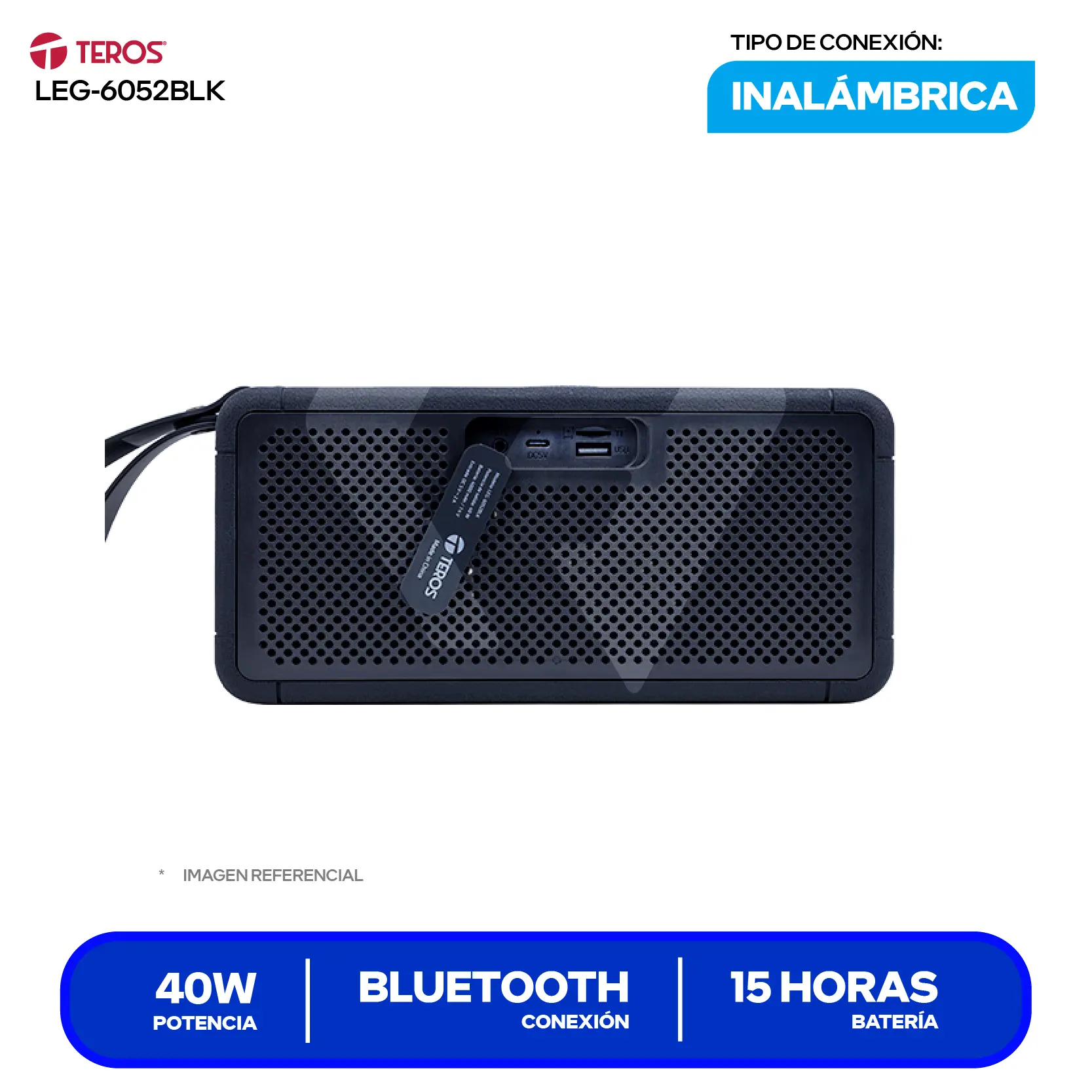 Parlante Inalámbrico Portátil Teros Legacy (LEG-6052BLK) 40W, Bluetooth, Negro