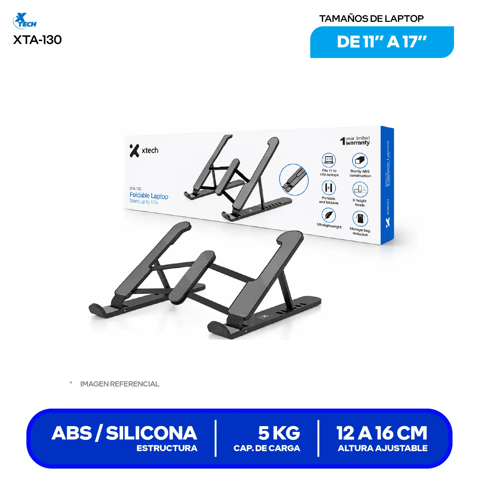 Soporte Plegable y Ergonómico para Laptop Xtech XTA-130 Negro (XTA-130) 11" a 17", 6 Niveles, Ultraportátil 200g