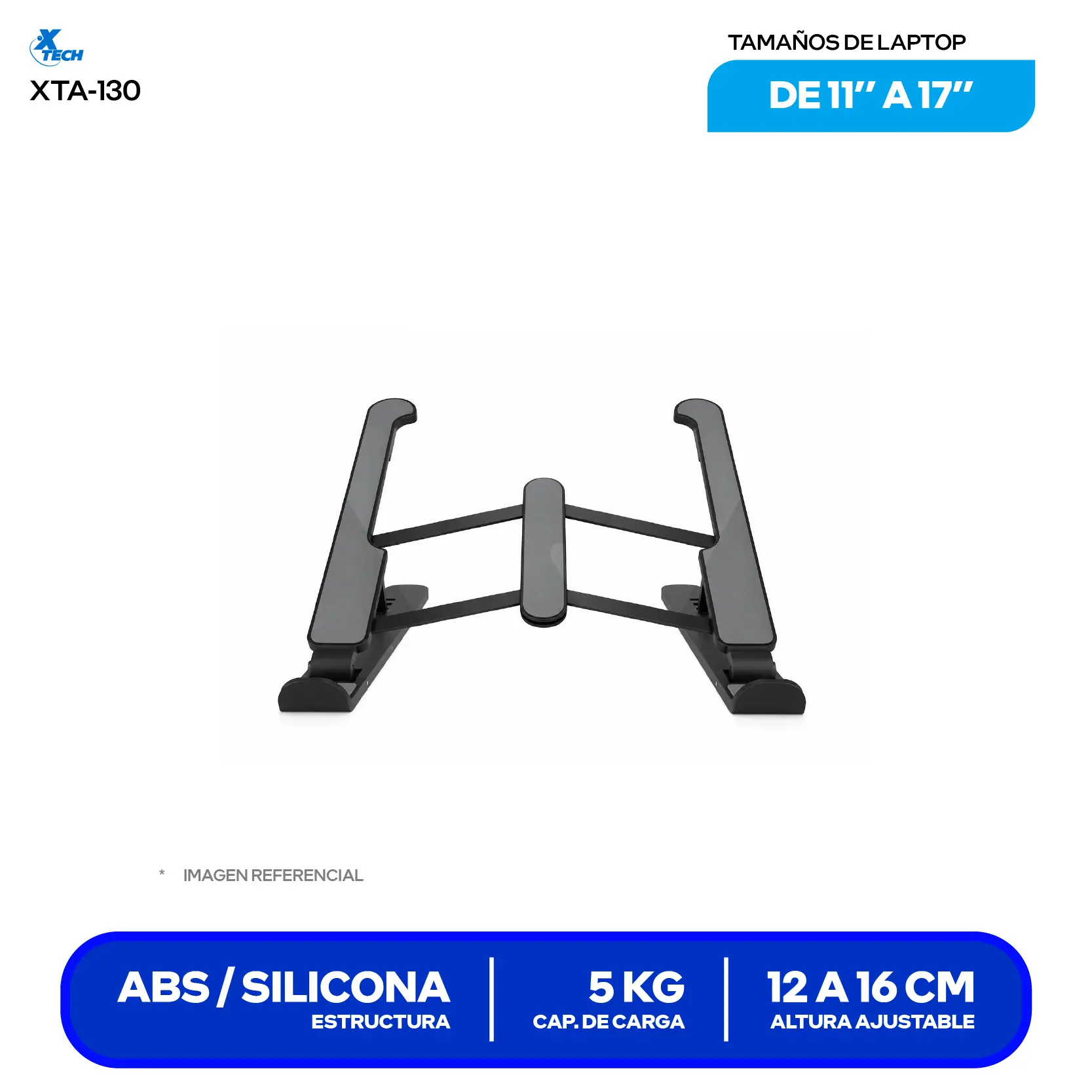 Soporte Plegable y Ergonómico para Laptop Xtech XTA-130 Negro (XTA-130) 11" a 17", 6 Niveles, Ultraportátil 200g