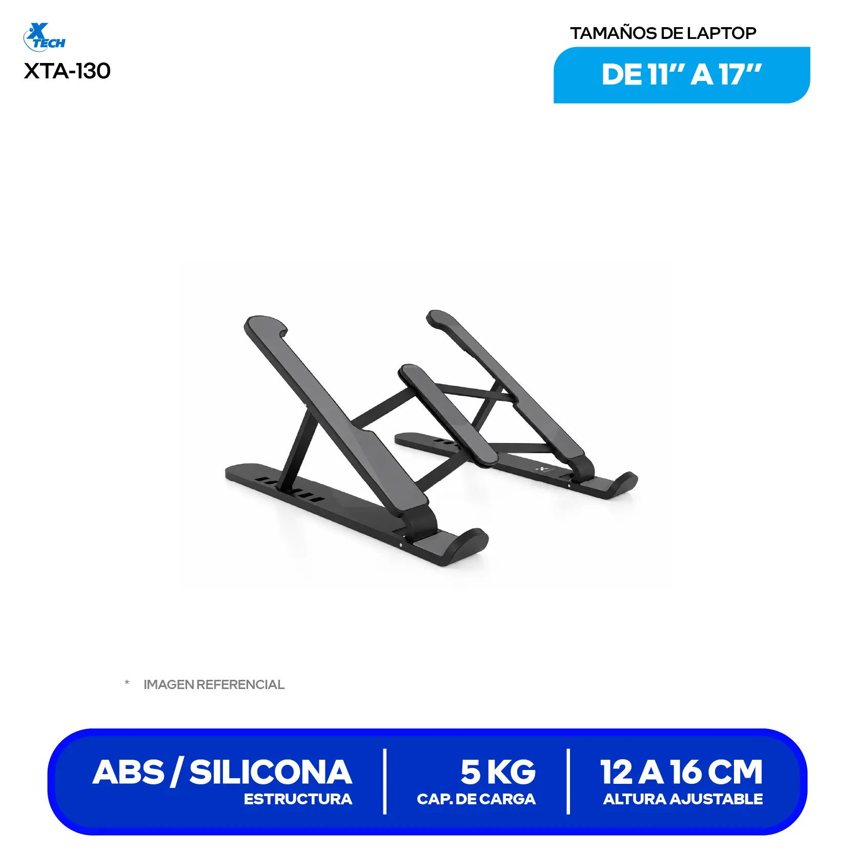 Soporte Plegable y Ergonómico para Laptop Xtech XTA-130 Negro (XTA-130) 11" a 17", 6 Niveles, Ultraportátil 200g