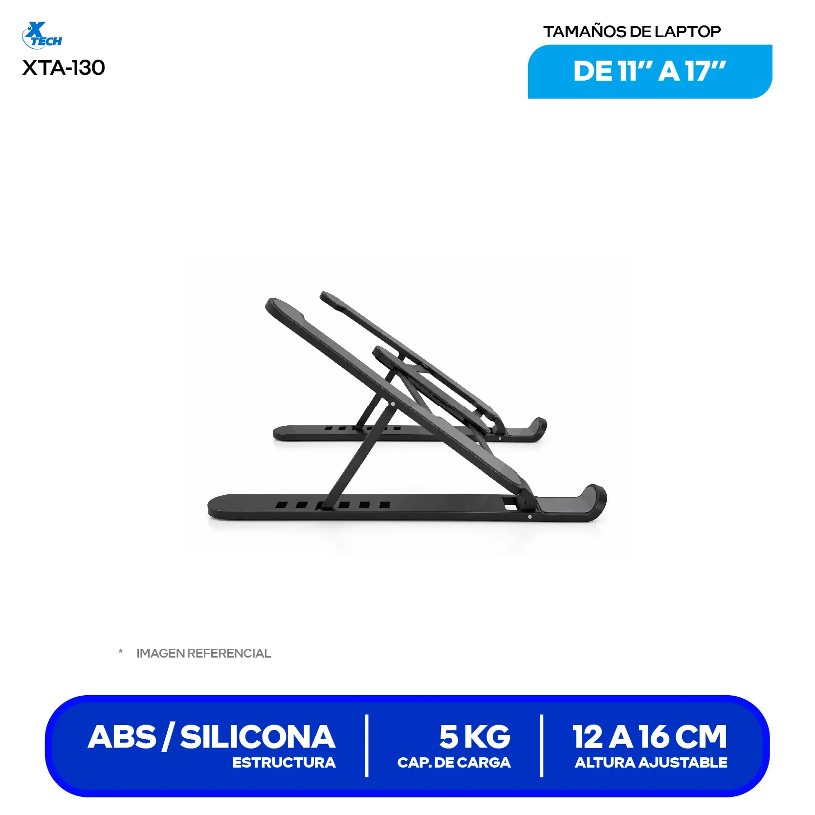 Soporte Plegable y Ergonómico para Laptop Xtech XTA-130 Negro (XTA-130) 11" a 17", 6 Niveles, Ultraportátil 200g