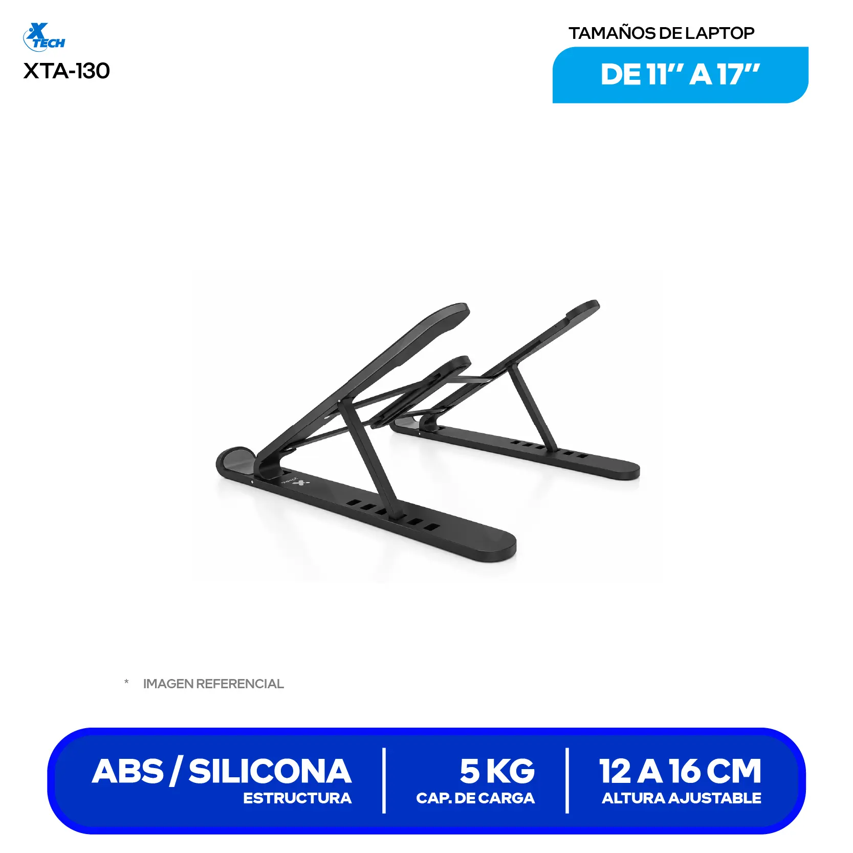 Soporte Plegable y Ergonómico para Laptop Xtech XTA-130 Negro (XTA-130) 11" a 17", 6 Niveles, Ultraportátil 200g