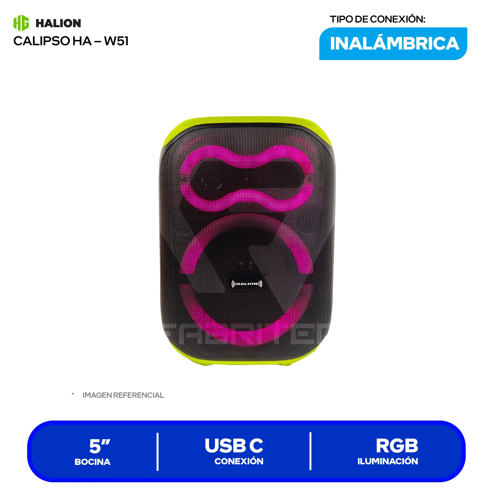 Parlante Inalámbrico Portátil Halion Calipso (HA-W51) 5", Bluetooth, Negro con Verde