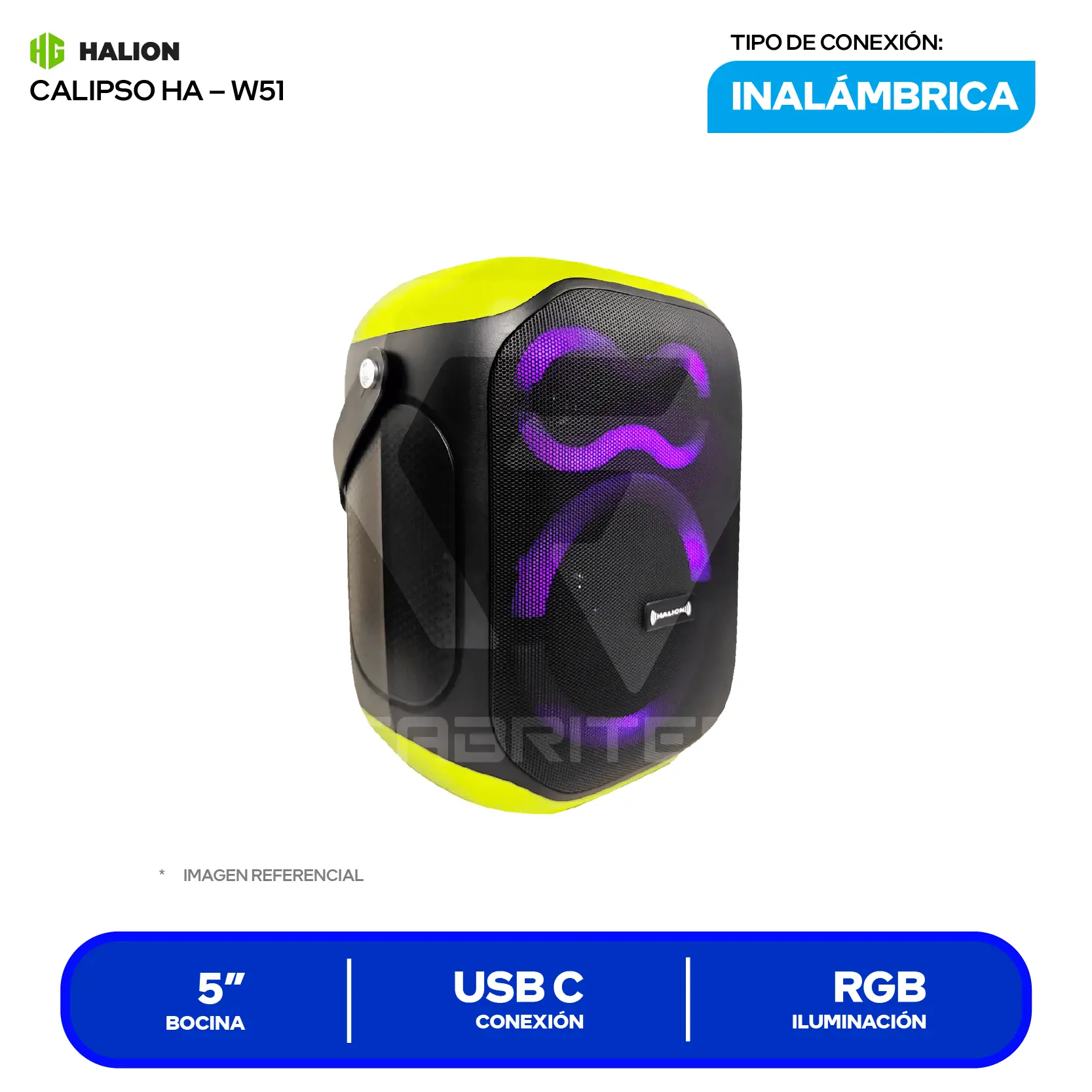 Parlante Inalámbrico Portátil Halion Calipso (HA-W51) 5", Bluetooth, Negro con Verde