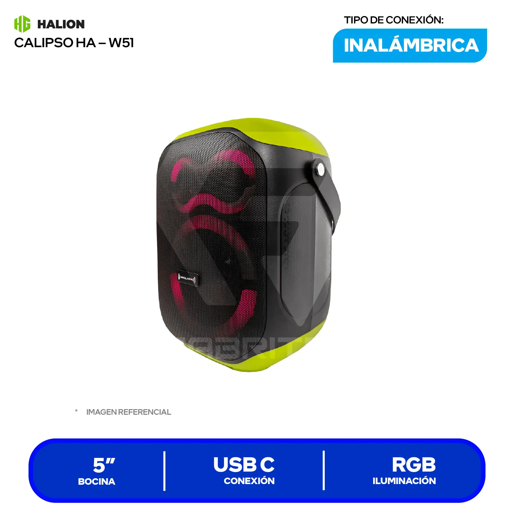 Parlante Inalámbrico Portátil Halion Calipso (HA-W51) 5", Bluetooth, Negro con Verde