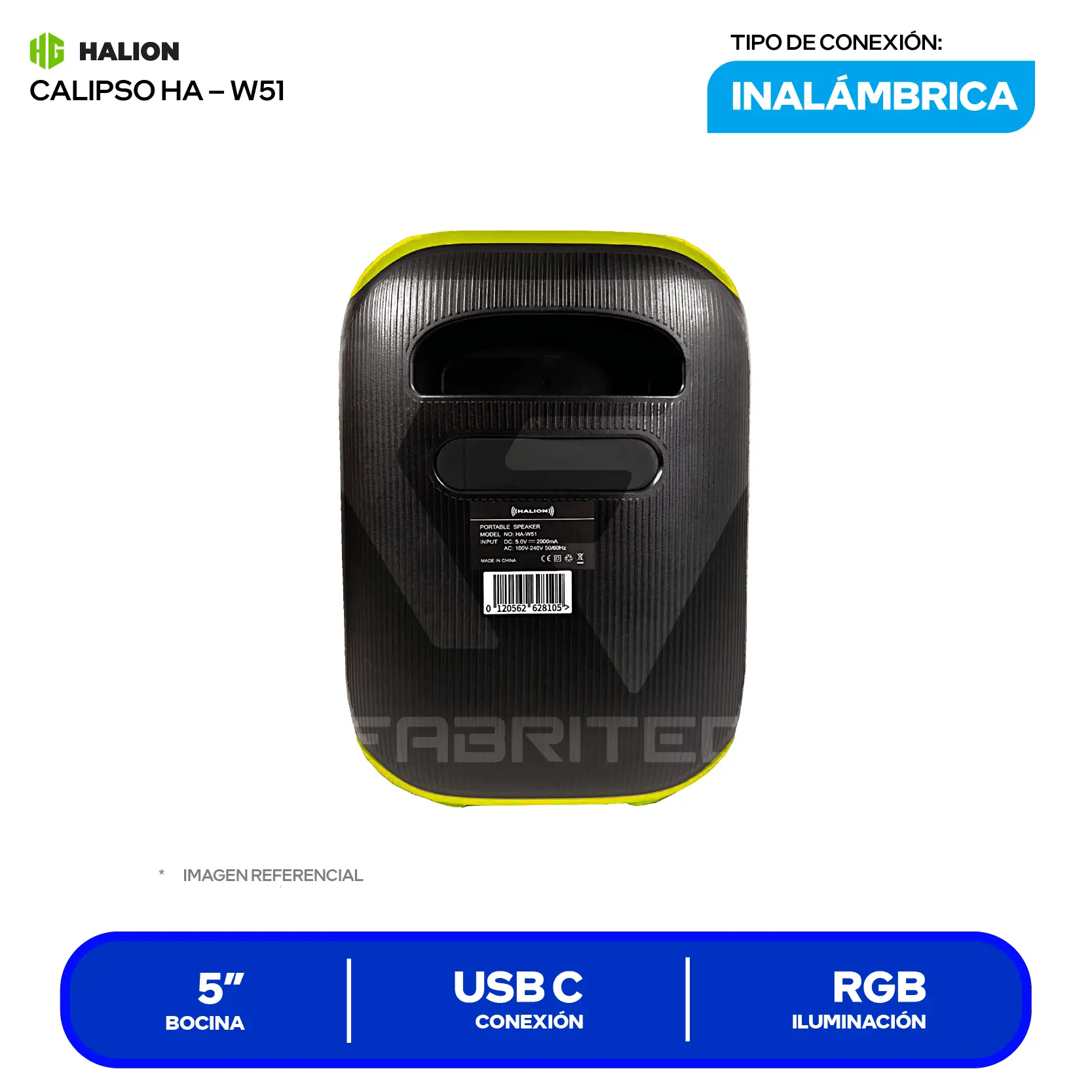 Parlante Inalámbrico Portátil Halion Calipso (HA-W51) 5", Bluetooth, Negro con Verde