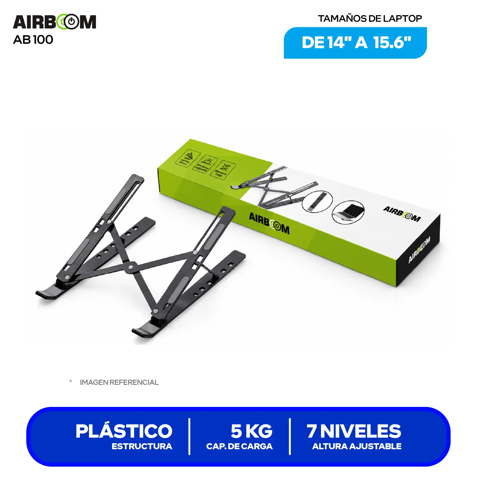 Soporte Plegable y Ergonómico para Laptop Airboom Black AB 100 (AB 100) 15.6", Aleación de Aluminio, 7 Niveles, Antideslizante.