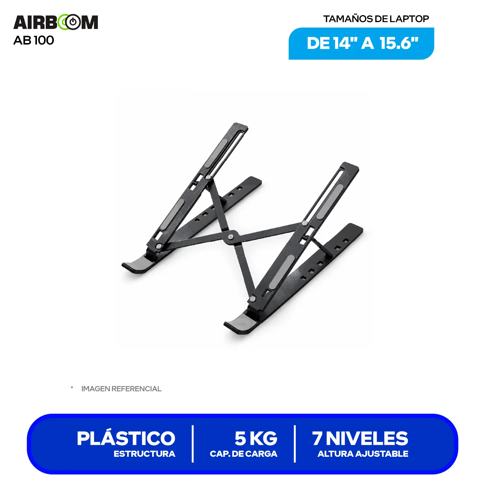 Soporte Plegable y Ergonómico para Laptop Airboom Black AB 100 (AB 100) 15.6", Aleación de Aluminio, 7 Niveles, Antideslizante.