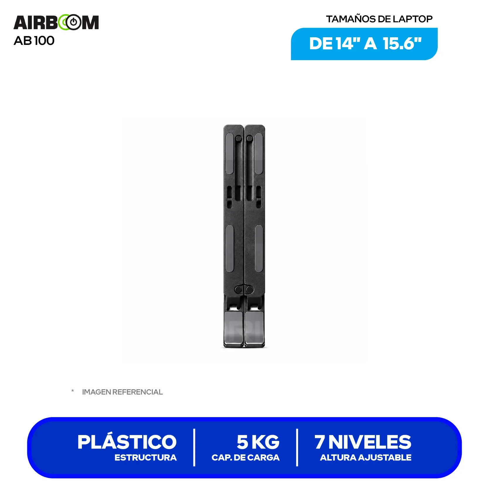 Soporte Plegable y Ergonómico para Laptop Airboom Black AB 100 (AB 100) 15.6", Aleación de Aluminio, 7 Niveles, Antideslizante.