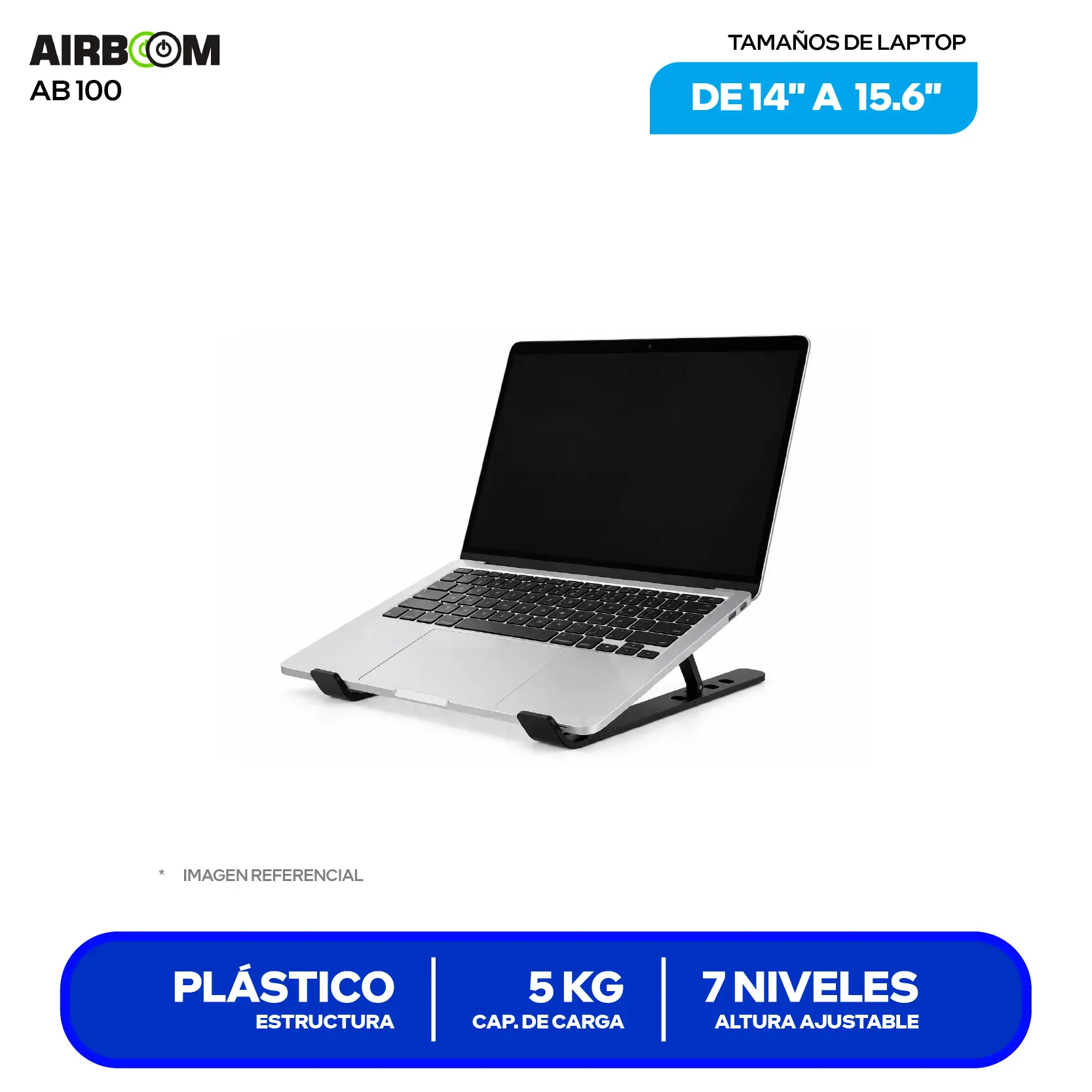 Soporte Plegable y Ergonómico para Laptop Airboom Black AB 100 (AB 100) 15.6", Aleación de Aluminio, 7 Niveles, Antideslizante.