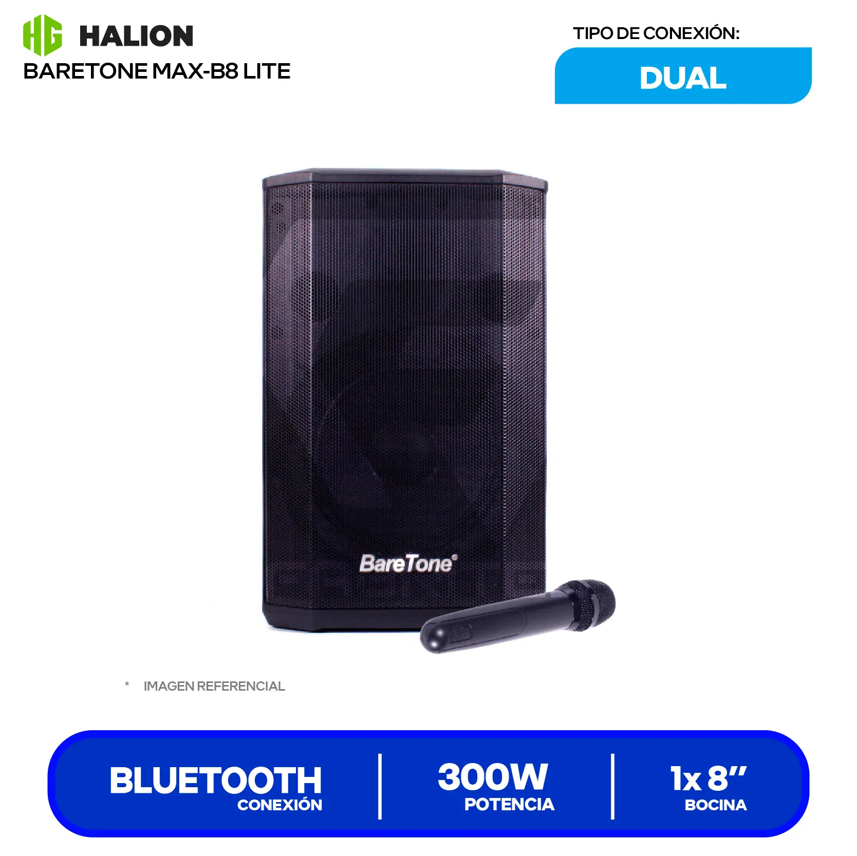 Parlante Portátil Baretone MAX-B8 LITE (MAX-B8 LITE) 8", 300W, Bluetooth, con Micrófono, Negro