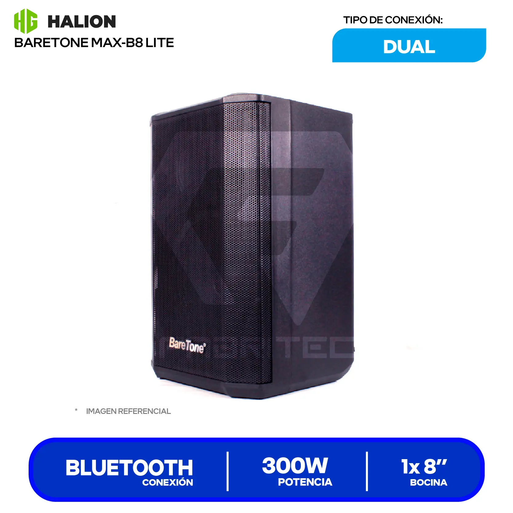 Parlante Portátil Baretone MAX-B8 LITE (MAX-B8 LITE) 8", 300W, Bluetooth, con Micrófono, Negro