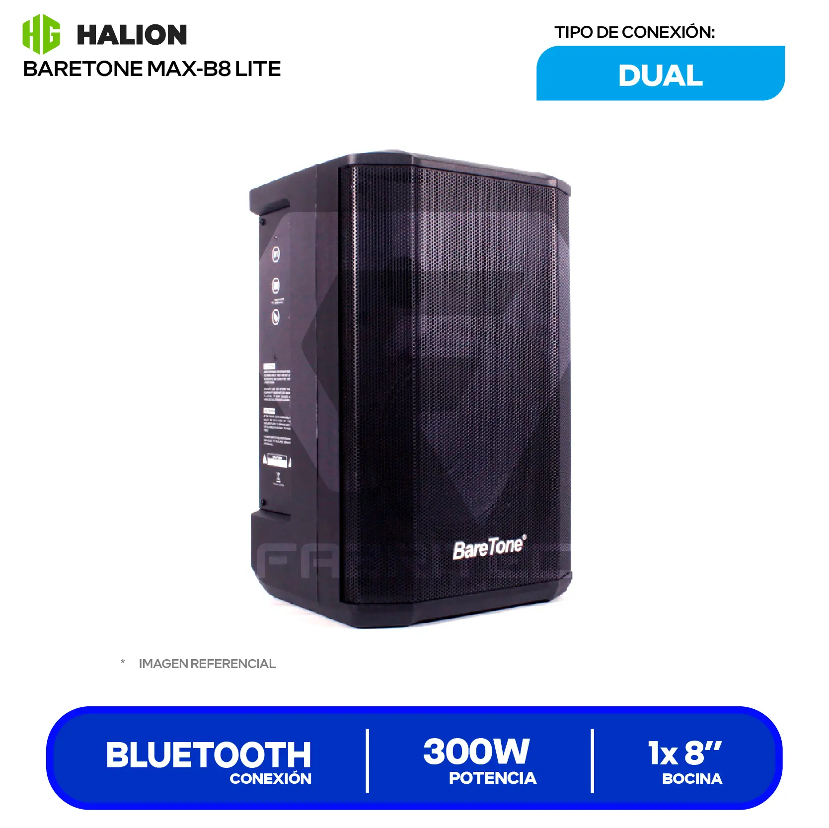 Parlante Portátil Baretone MAX-B8 LITE (MAX-B8 LITE) 8", 300W, Bluetooth, con Micrófono, Negro