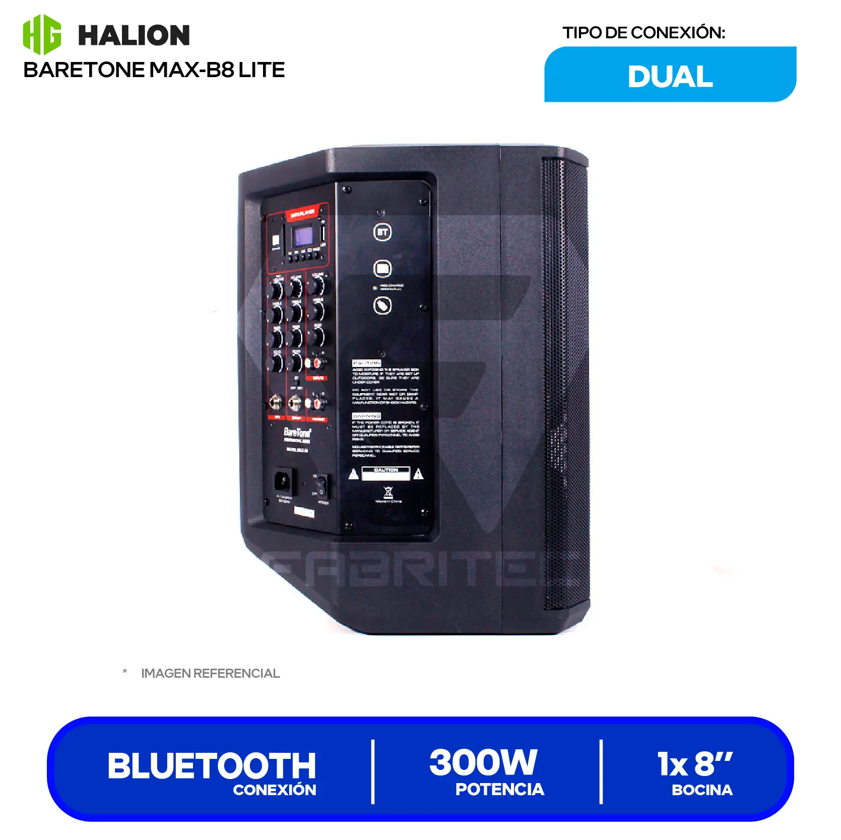 Parlante Portátil Baretone MAX-B8 LITE (MAX-B8 LITE) 8", 300W, Bluetooth, con Micrófono, Negro