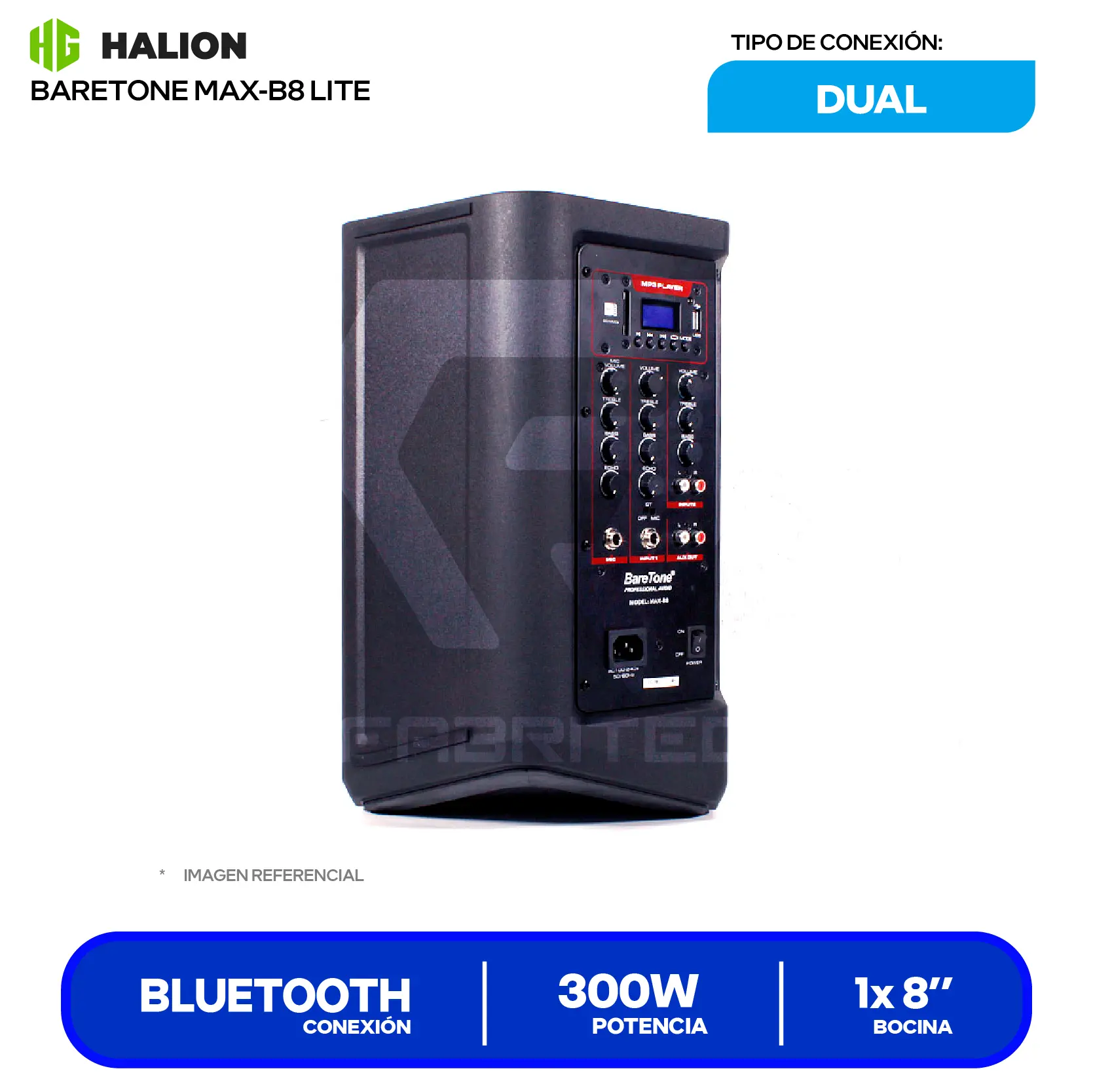 Parlante Portátil Baretone MAX-B8 LITE (MAX-B8 LITE) 8", 300W, Bluetooth, con Micrófono, Negro