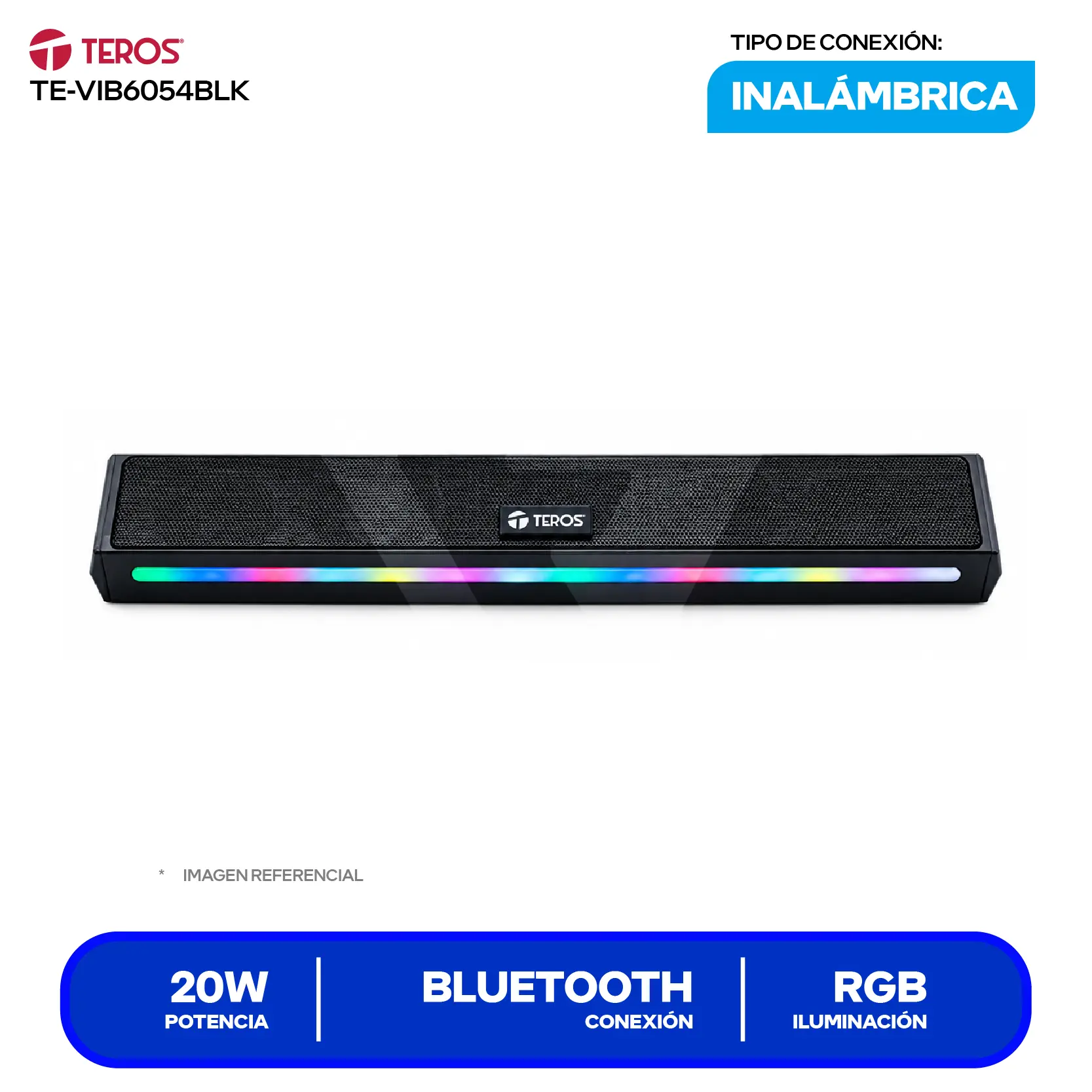Barra de Sonido Portátil Teros (TE-VIB6054BLK) 20W, Bluetooth, RGB, Negro