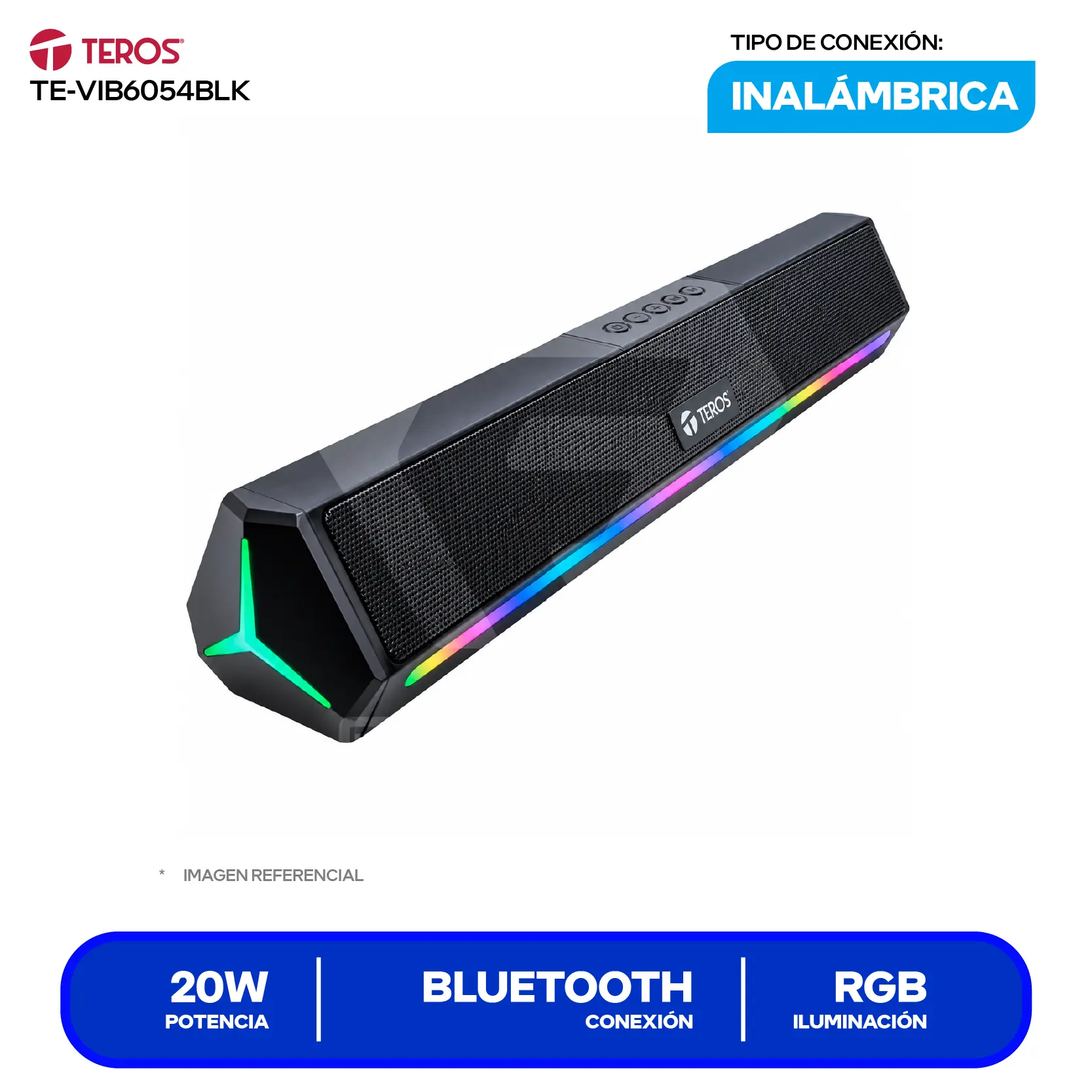 Barra de Sonido Portátil Teros (TE-VIB6054BLK) 20W, Bluetooth, RGB, Negro