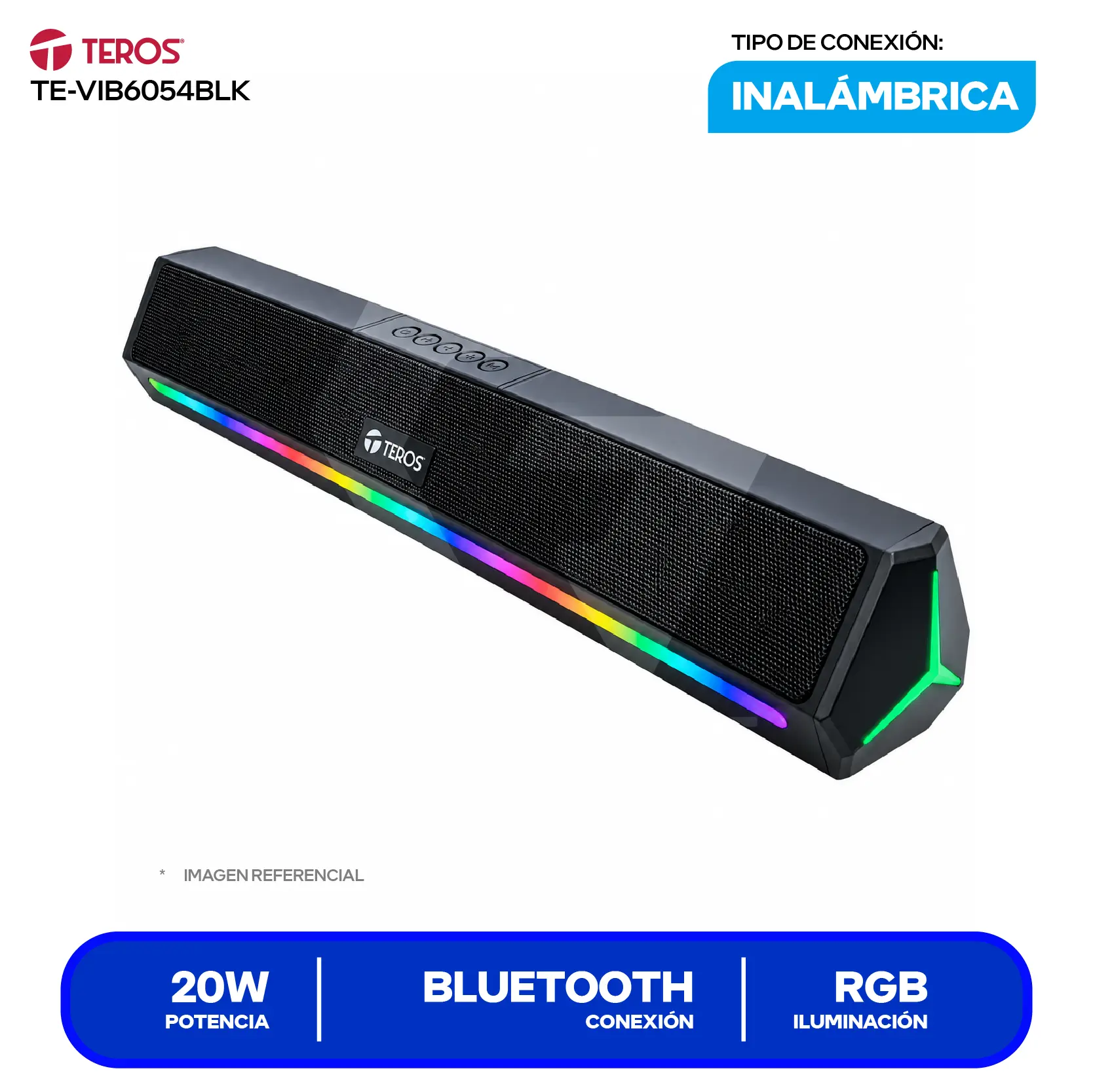 Barra de Sonido Portátil Teros (TE-VIB6054BLK) 20W, Bluetooth, RGB, Negro