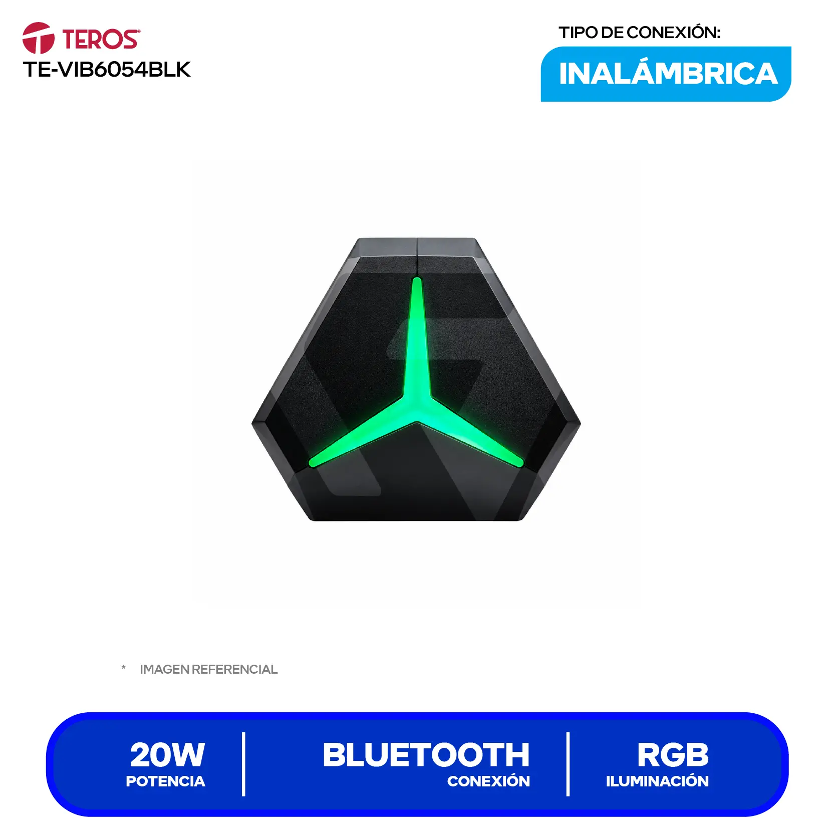 Barra de Sonido Portátil Teros (TE-VIB6054BLK) 20W, Bluetooth, RGB, Negro