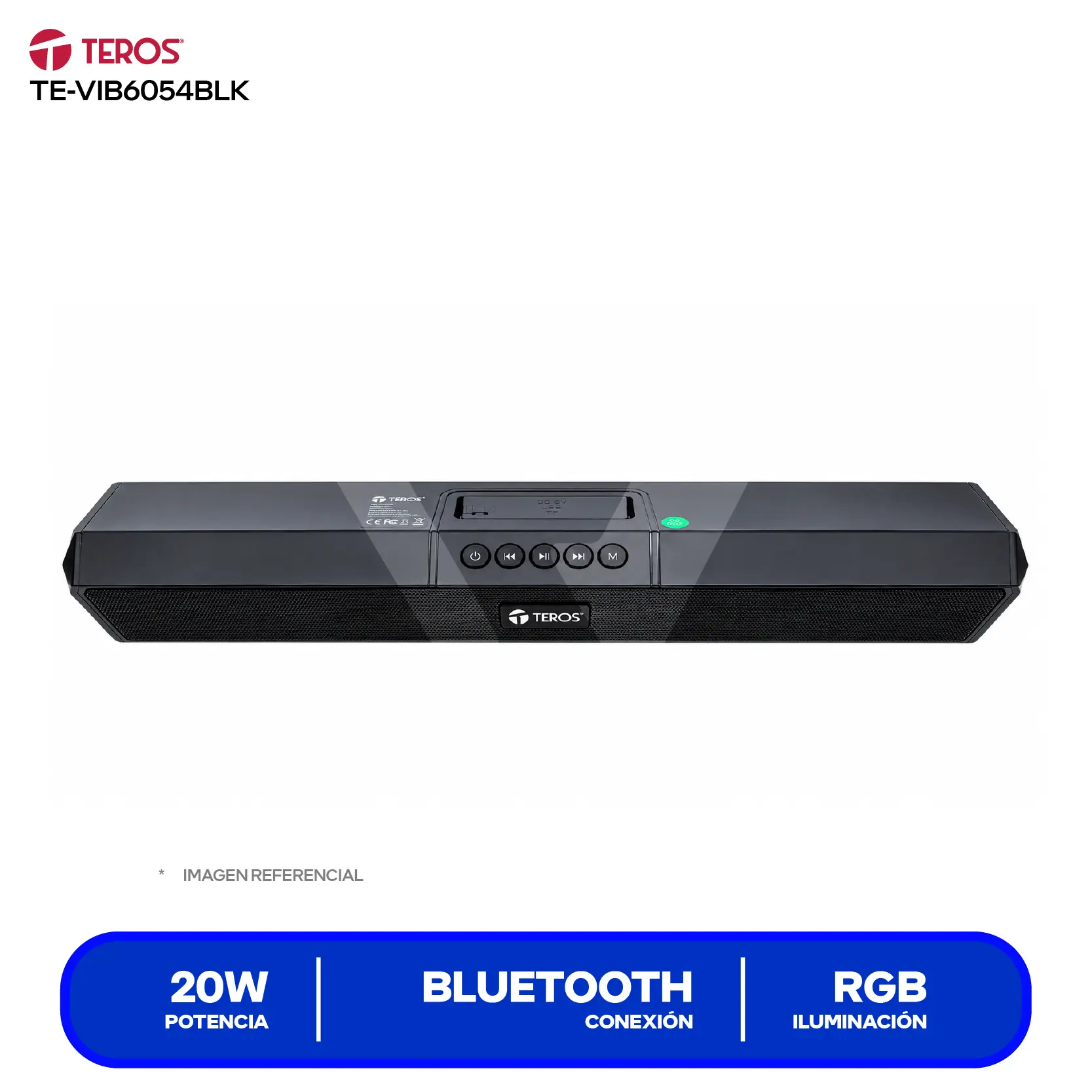 Barra de Sonido Portátil Teros (TE-VIB6054BLK) 20W, Bluetooth, RGB, Negro