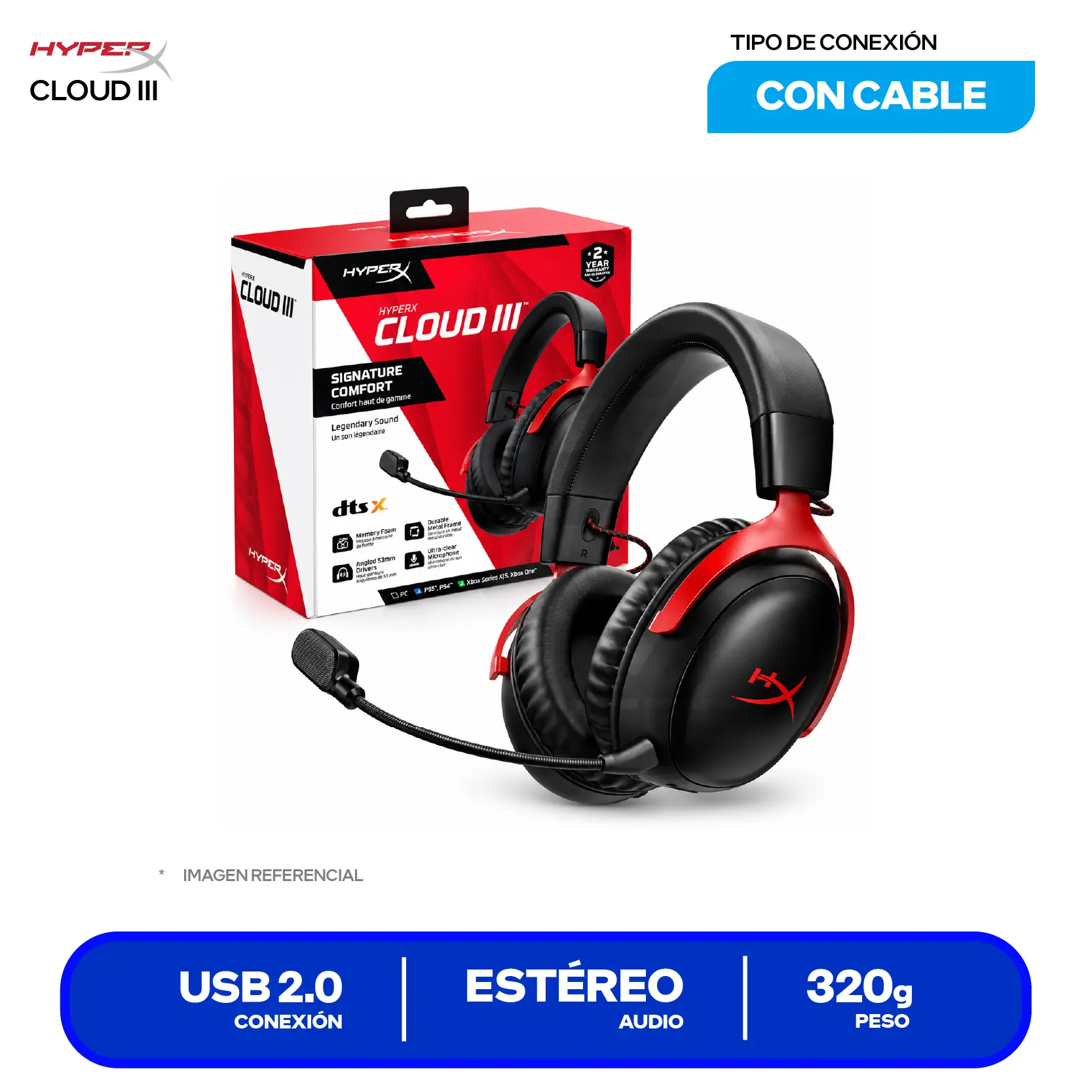 Audífono Gamer HyperX Cloud III (727A9AA) USB, Con Micrófono, Negro