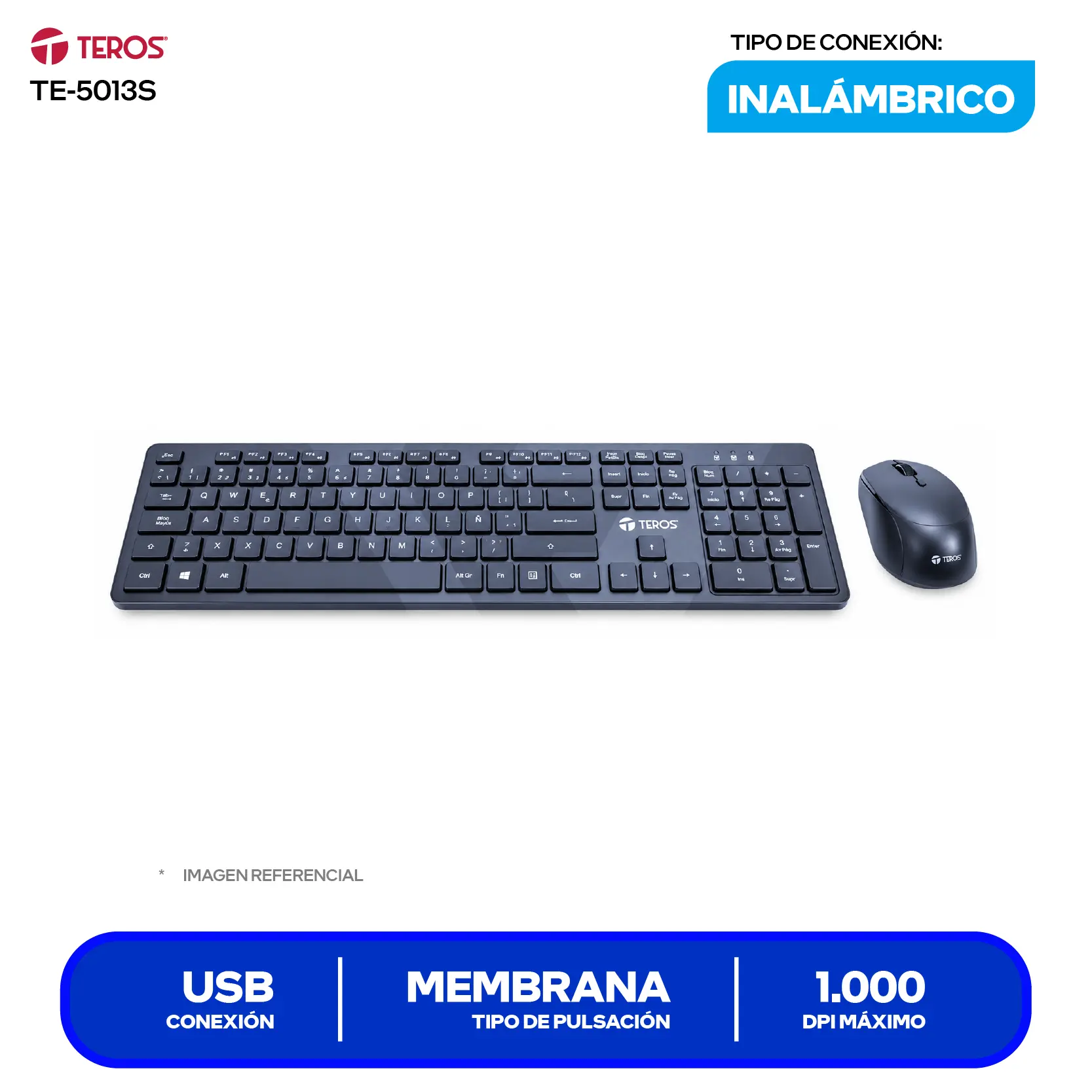 Kit Teclado + Mouse Inalámbrico Teros (TE-5013S), USB, Negro
