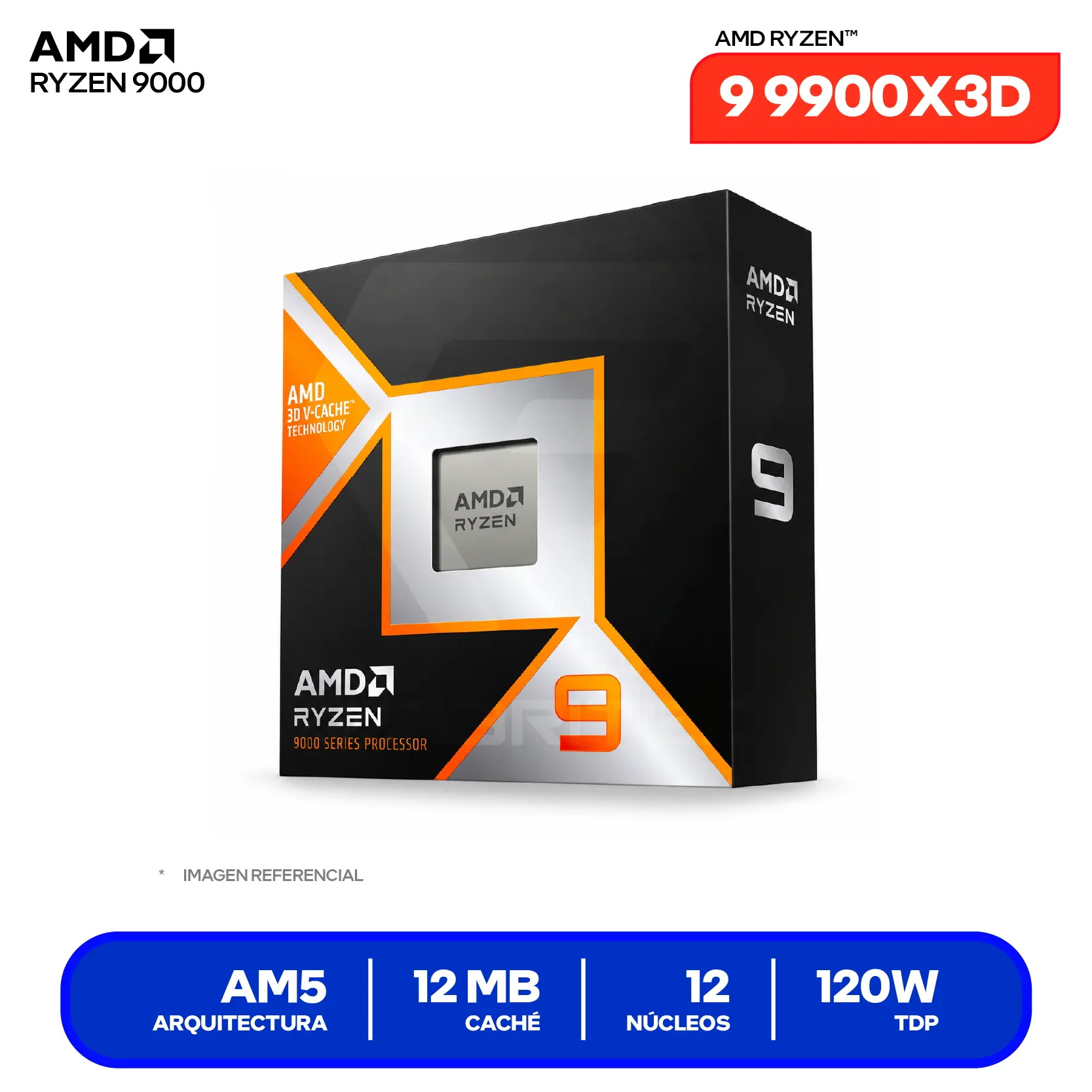 Procesador AMD Ryzen 9 9900X3D (100-100001368WOF) 4.4 GHz / 5.5 GHz, 12 Núcleos, AM5