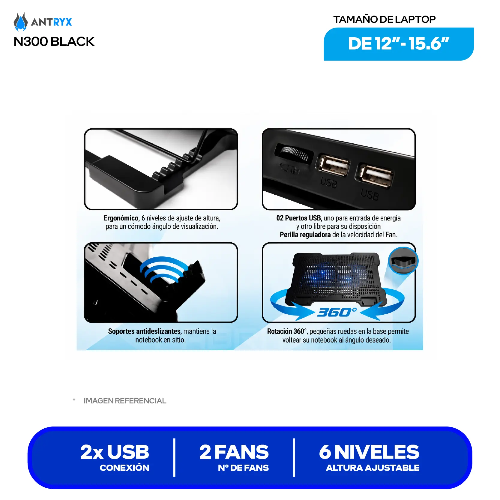 Cooler para Laptop Antryx Xtreme Air N300 (ACP-N300U2K) 15.6'', Negro